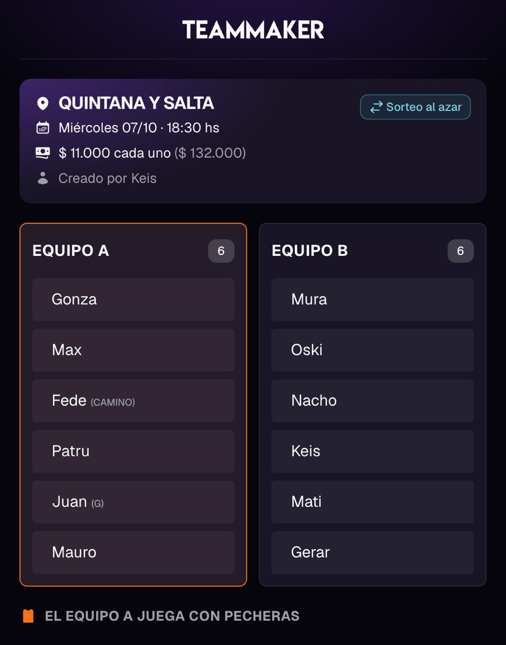 teammaker showing a match split into two teams.